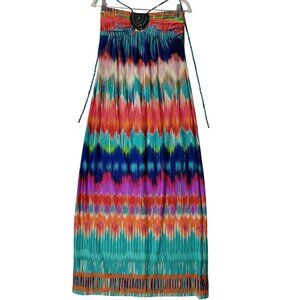 HeartSoul Halter Maxi Dress Size L Beaded Built In Bra Bohemian Multi Color